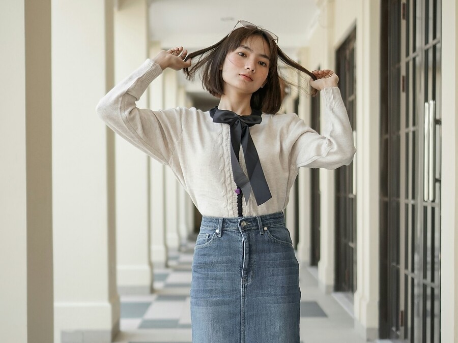 데님 미디 스커트
