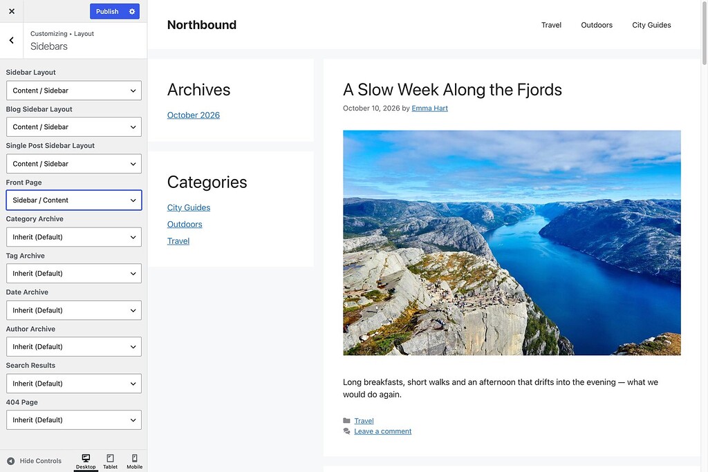Customizer Sidebars panel with Front Page set to Sidebar / Content, and the live preview showing the sidebar on the left