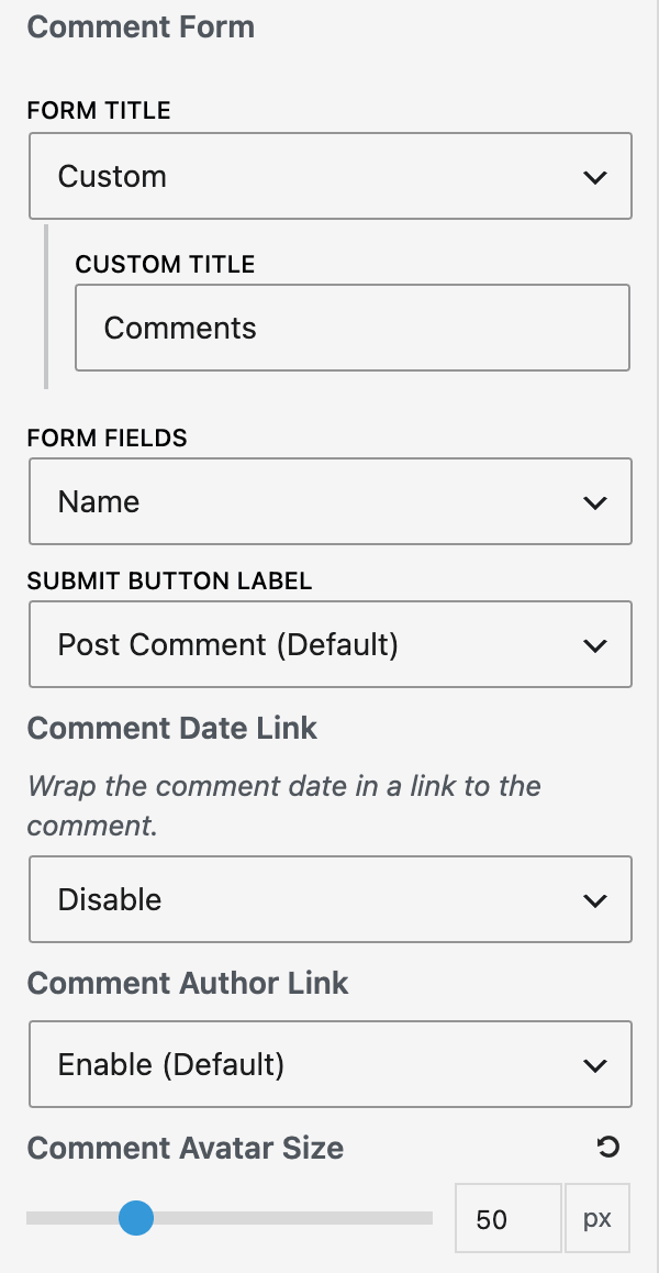 Customizer Comment Form options