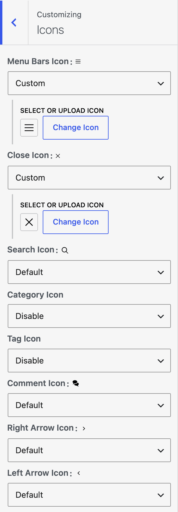 Customizer Icons section with Custom icons selected for the menu and close icons