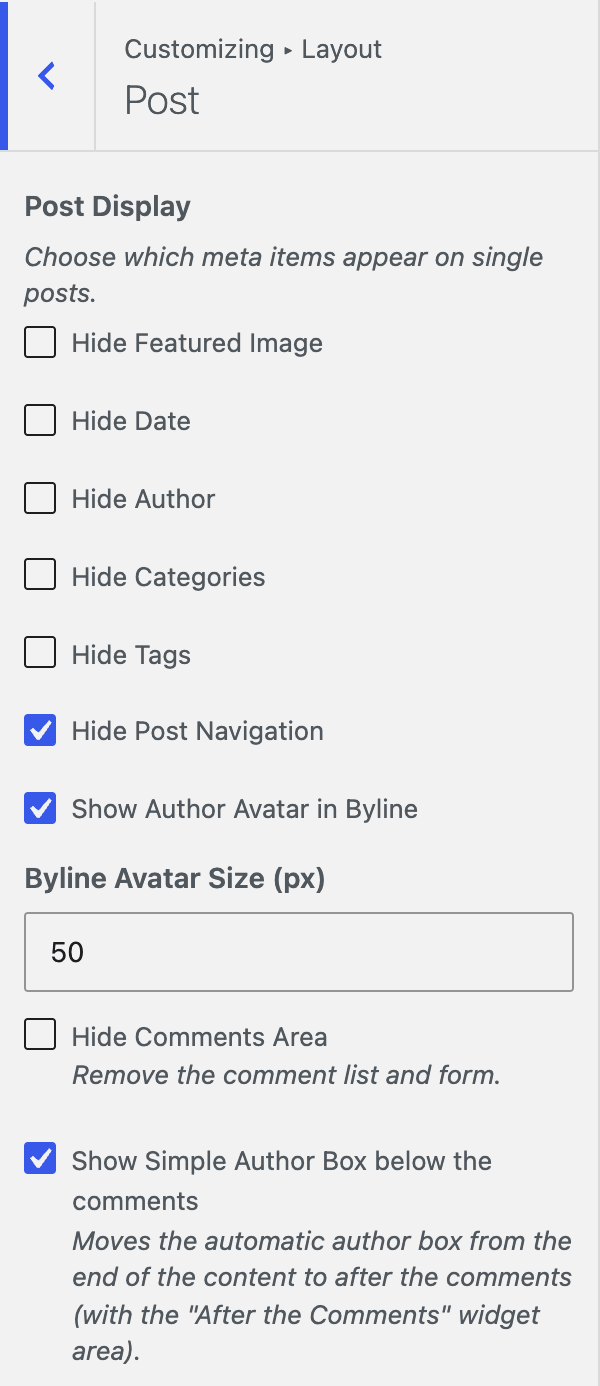 Customizer Layout → Post with the Post Display options