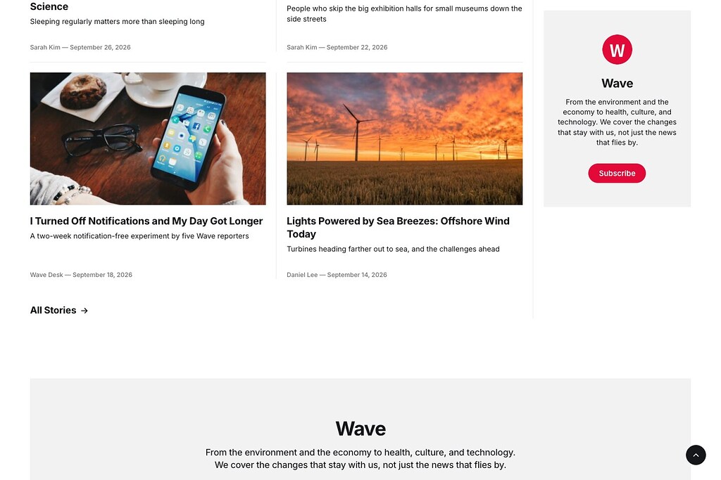 Wave demo: home, story grid